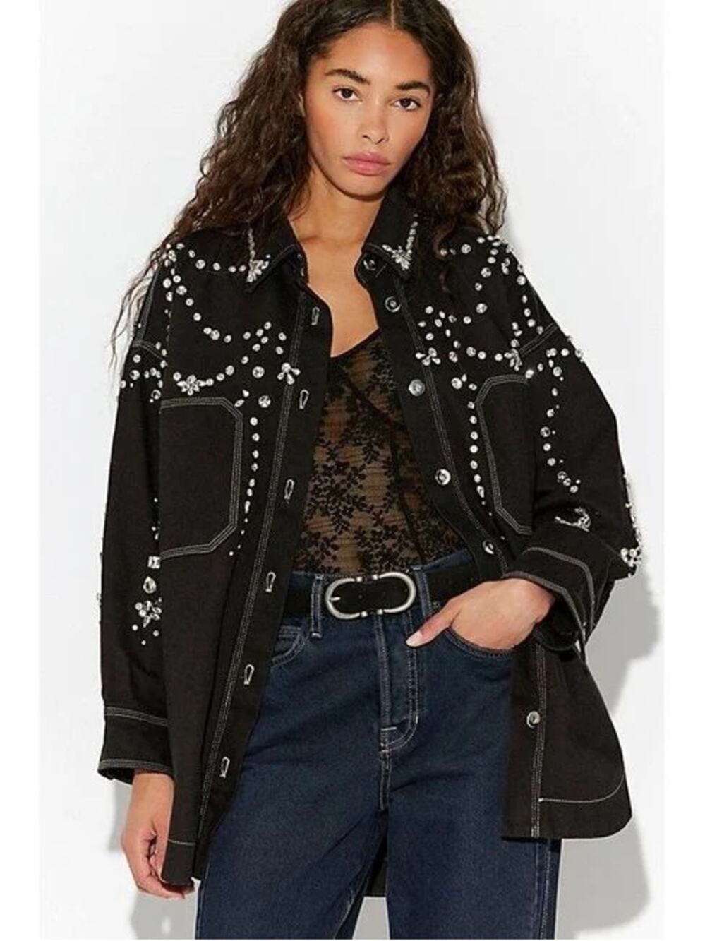Free People Natural Bells Embellished Shacket Jacket